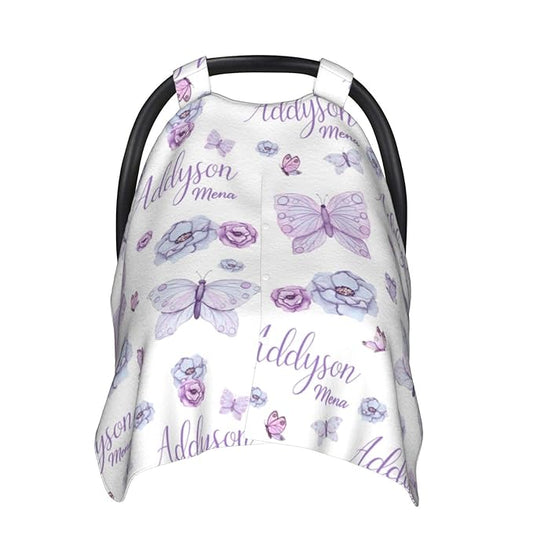Personalized Baby Car Seat Canopy for Babies, Custom Name Purple Butterfly Baby Car Seat Covers for Girls, Opening Minky Nursing Breastfeeding Cover for Infant, Carseat Canopies for Newborn