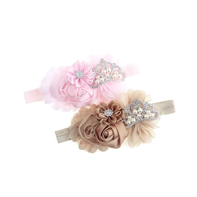 Nishine Baby Christening Headband Toddler Girls Fabric Flower Headband Tiara Stretchy Elastic in Pairs (Child, Pink/Khaki)