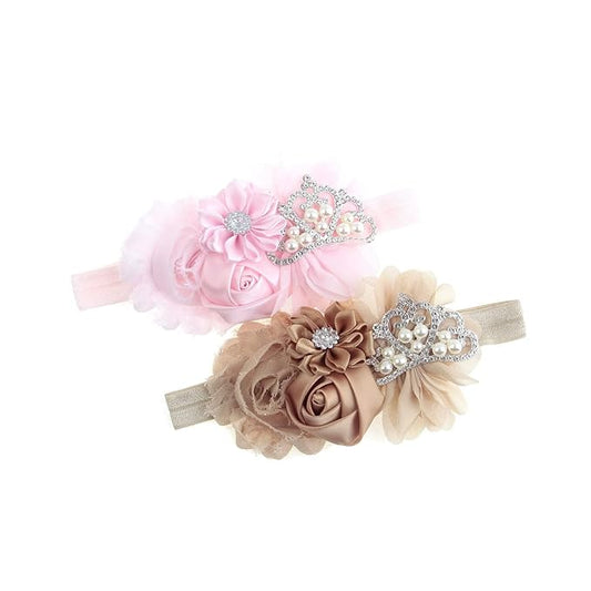 Nishine Baby Christening Headband Toddler Girls Fabric Flower Headband Tiara Stretchy Elastic in Pairs (Child, Pink/Khaki)