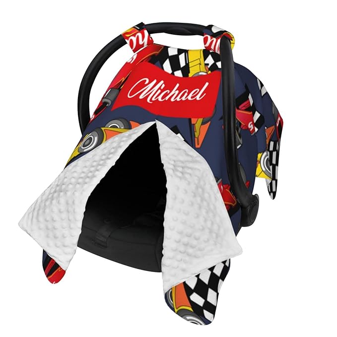Custom Baby Car Seat Canopy for Babies with Name, Personalized Racing Baby Car Seats Covers for Boys, Opening Minky Nursing Breastfeeding Stroller Cover Infant Carseat Canopies for Newborn