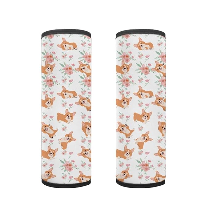 ENLACHIC Kids Car Seat Belt Cover, Cute Cartoon Animal Print Baby Car Seat Strap Pads Infant Car Seat Protector Car Accessories Universal All Cars,Corgi Dog Flower