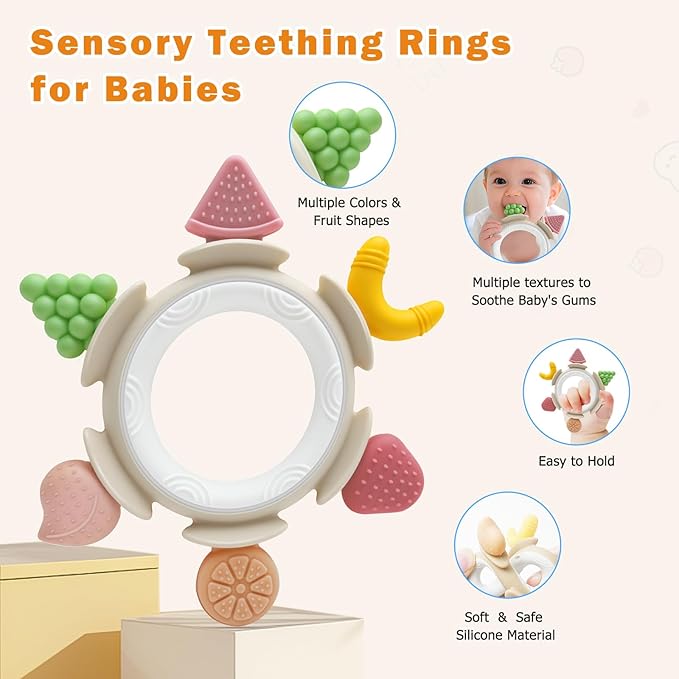 Baby Teething Ring Toy for 3-6-12 Months, Silicone Infant Teether for Sore Gum Relief, Soothing Sensory Chew Toys, Ideal Newborn Gift for Boys Girls Baby Shower, Birthday or Easter, Brown