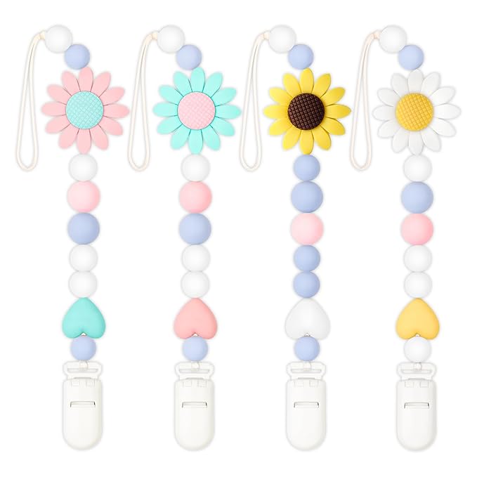 Silicone Pacifier Clip, 4 Pack Pacifier Holder for Boys and Girls, Adorable Sunflower Pacifier Clips Fits for Most Pacifier, Baby Teethers, Baby Shower and Baby Gift