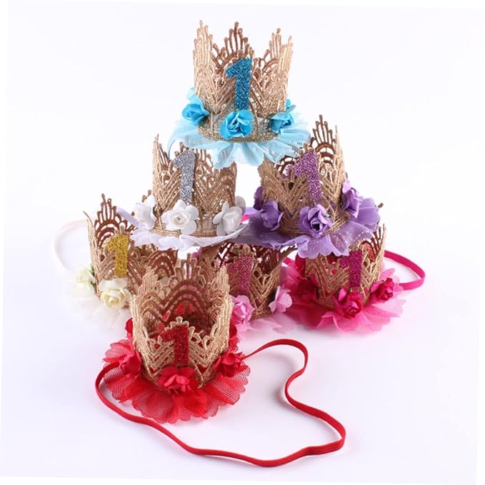 SHOWERORO First Birthday Hair Accessories for Girls - Headband, Tiara Crown with Lace Flowers