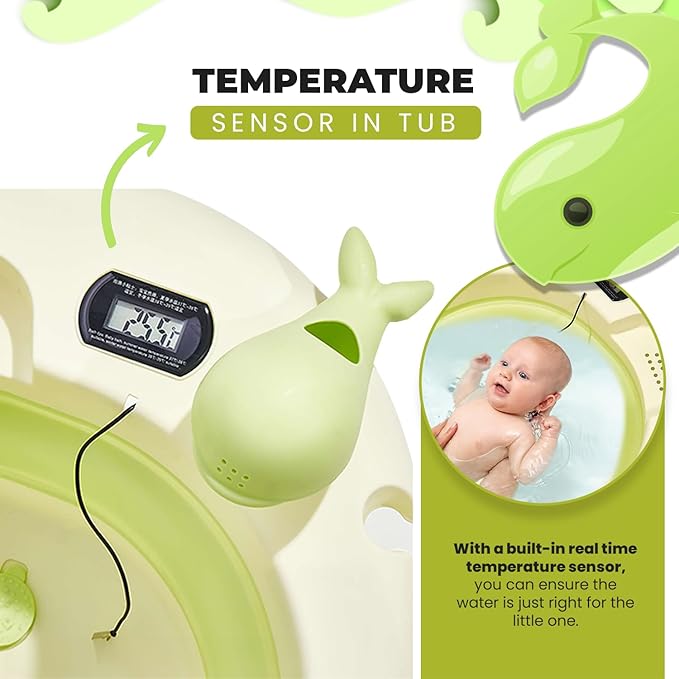 Collapsible Baby Bathtub with Thermometer - Infant Bathtub with Drainage Hole - Baby Bathtub Newborn to Toddler 0-36 Months - Portable - Green