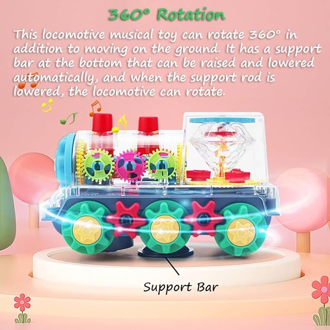 Miracland Transparent Gear Locomotive Toy, Light-up Train Toy Railway Engine Model Toy Toddler Musical Toy 3D Gears Bump & Go Car Toy for Kids with 360° Rotation Function, Lights and Music