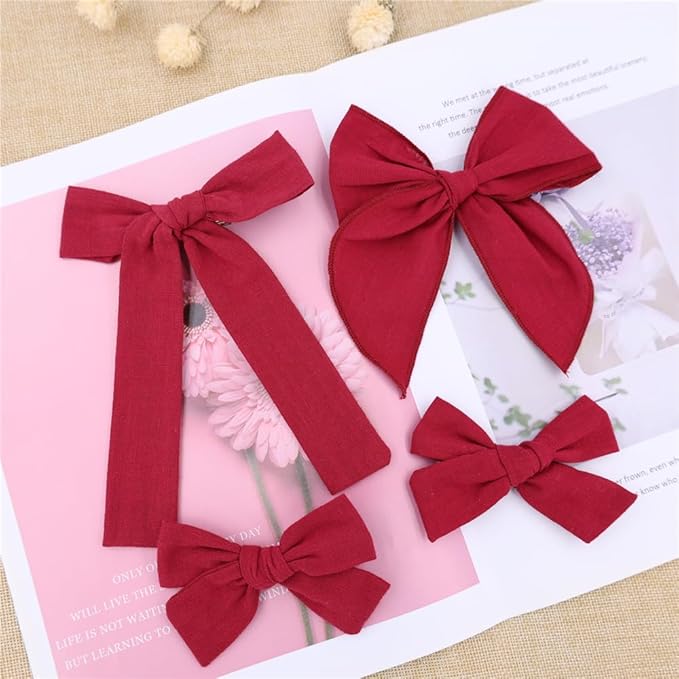 3 Styles Hair Bow Clips for Little Girls Toddler Baby Mom Women Hair Barrettes Accessories 4 Pcs Cotton Linen Bows Scarlet