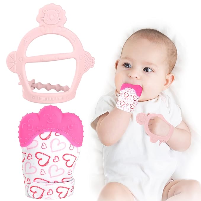 Vicloon Silicone Teething Mitt, 2Pcs Baby Teething Mitten with Adjustable Strap, Crinkle Sound and Textured, Self Soothing Baby Chew Toys for 0-6 Month Infant