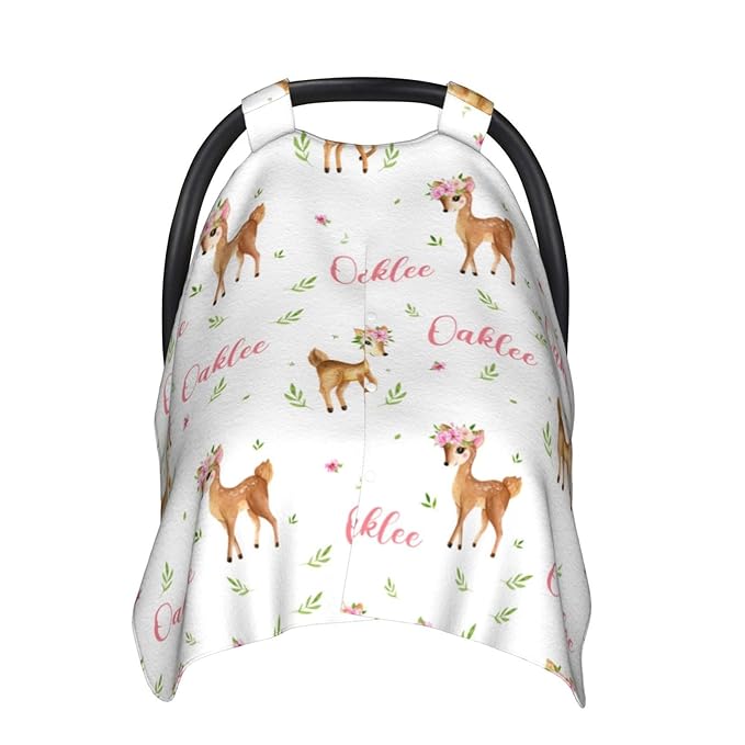 Personalized Baby Car Seat Canopy with Name, Floral Deer Infant Carseat Canopy, Nursing Breastfeeding Stroller Cover for Newborn Girls
