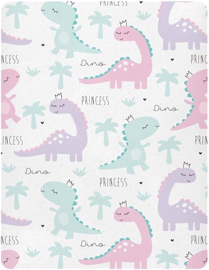 Dinosaur Princess Pink Green Fitted Crib Sheets Stretchy Portable Playard Sheets for Baby Toddler, Breathable Soft Mini Crib Mattress 52 x 28 in for Boys and Girls
