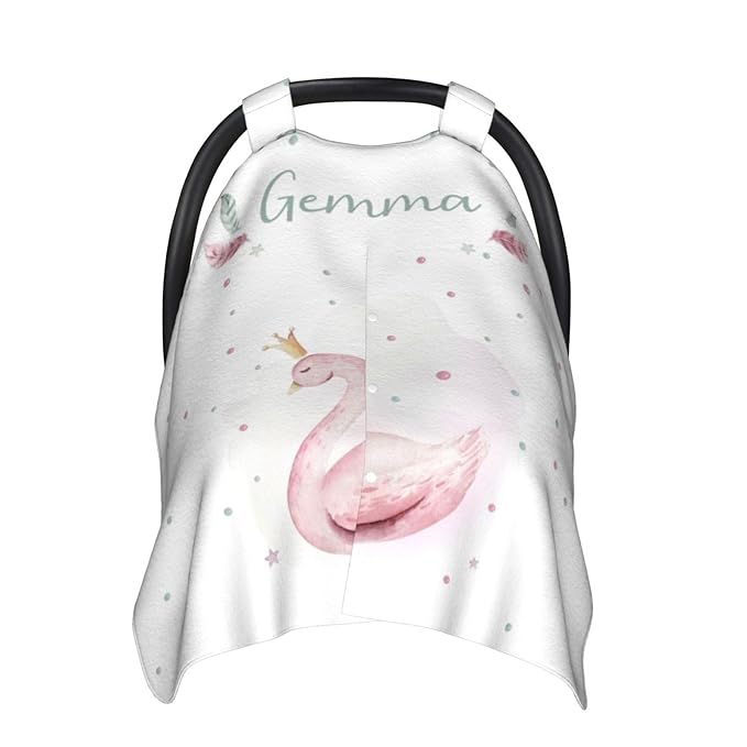 Custom Baby Car Seat Canopy with Name, Personalized Stroller Baby Car Seat Covers for Girls, Minky Nursing Carseat Cover for Breastfeeding, Car Seat Canopies for Infant Newborn(Crown Swan)