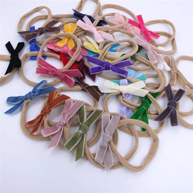 Sugarmelon Velvet Bow Soft Stretchy Headbands for Newborn Infant Toddlers Hair Bow Elastic Bands Baby Girls Nylon Hairband (2.75'' Mini 32 PCS)