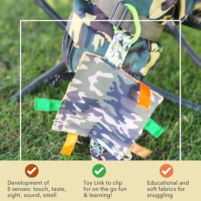 Baby Jack & Co 8x8 Hunting Camo Lovey Tag Toys - Baby Crinkle Toys - Soft & Safe - Learn Shapes & Colors - Ideal Baby Toy - BPA Free w/Stroller Clip