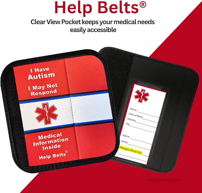 Autism/May Not Respond Awareness Medical Alert Seatbelt Cover for Kids and Adults with Emergency Information Form and Pocket by Help Belts (Red, 6 Inch Car Seat)