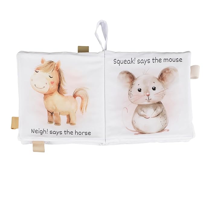Ali+Oli Baby Cloth Book – Soft Sensory Crinkle Book for Infants 0-12 Months – Early Learning Touch & Feel Tummy Time Toy – Colorful taggies - Newborn Shower Gift - Farm Animals