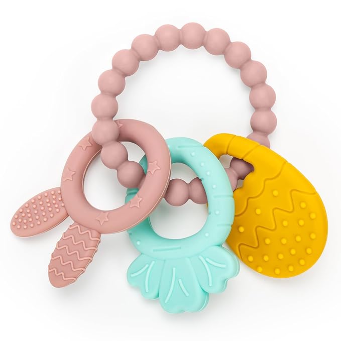 Easter Silicone Teething Toys, 3 Months+, Infant Baby Easter Basket Stuffers for Babies, Baby's Easter Egg Rabbit Carrot Teether Toy, Easter Gift for Girl or Boy (Pink)