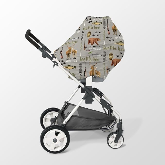 Personalized Baby Car Seat Cover Stroller Canopy: Custom Name Newborn Baby Boy Girl Elastic Animals Nursing Cover for Moms First Birthday Gift Hunting Fishing(one Size)