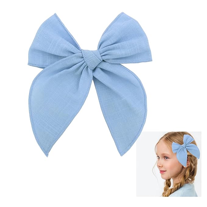 YUESE Linen Bow Hair Clip for Girls & Women – Soft Cotton Linen Fabric, Handmade Large Bow Barrette, Lightweight Hair Accessory for Daily Wear, School, Party & Gift (Blue)