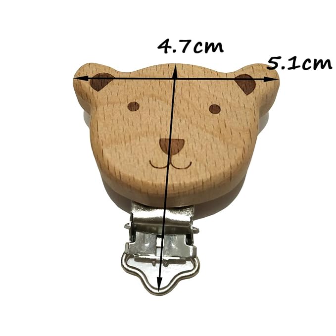 5pcs Natural Wood Suspender Pacifier Clips Cute Beech Wooden Animal Bear Shape Clips DIY Beading Pacifier Chain Accessory