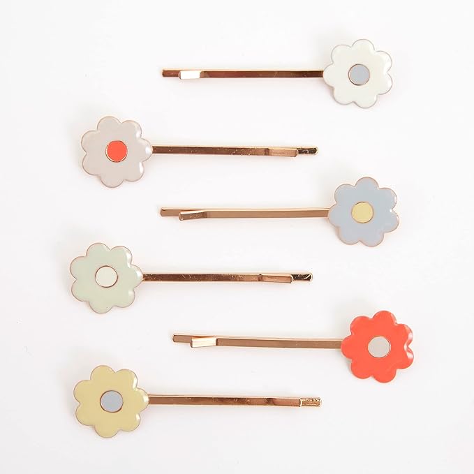 Meri Meri Daisy Enamel Hair Slides (Pack of 6), Cute and Fun Daisy Hair Clips, Gold Tone Hair Slides with Colorful Pastel Enamel Daisies