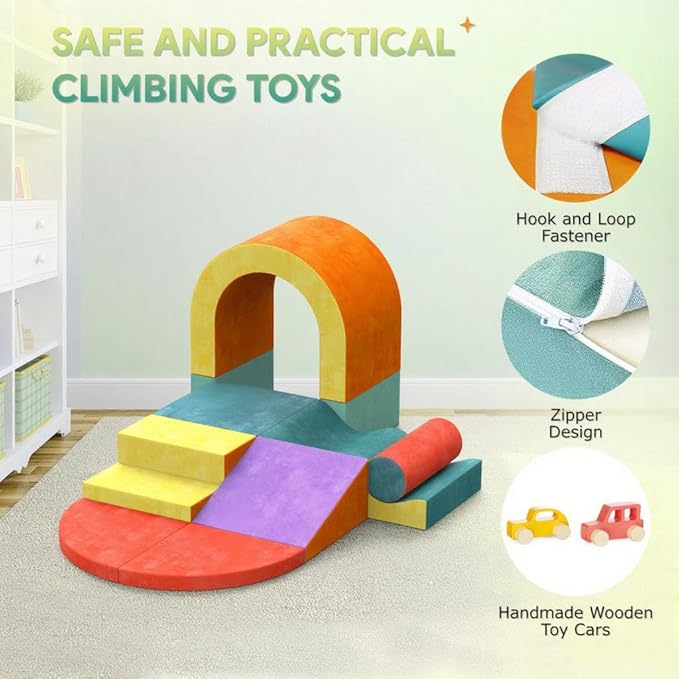 10 PCS Color Foam Climbing Blocks for Toddlers, Soft Play Set with Toy Car, Climbing Blocks for Toddlers 1-3, Indoor Climb and Crawl Soft Play Set