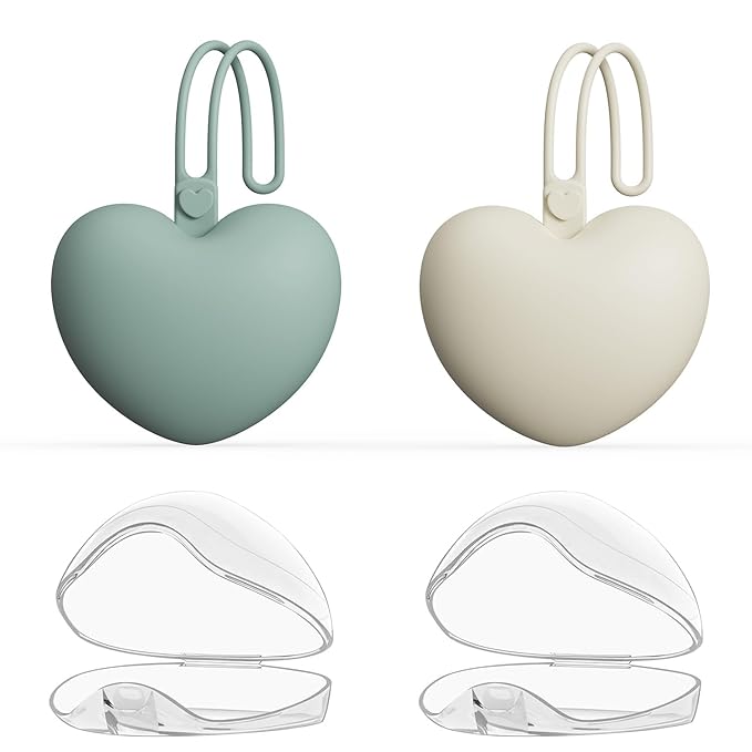 4PCS Pacifier Holder Case Set, 2pcs Silicone Portable Pacifier Pouch and 2pcs Transparent Pacifier Storage Container, Cute Heart Shape Pacifier Storage Case for Newborn Baby（Green&Khaki）