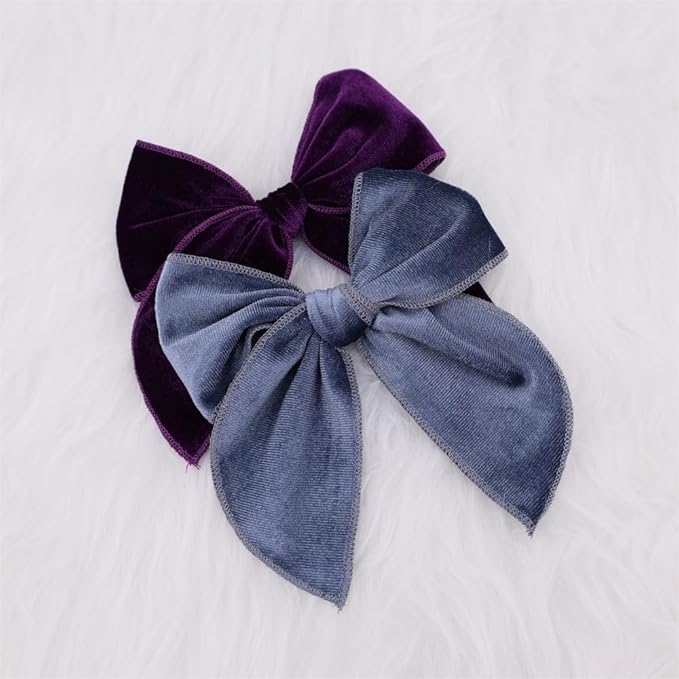 Pack of 4 Large Velvet Fable Bow Hair Clips for Kids Toddler Girl Mom Velvet Hair Bow Alligator Clips Baby Girls Women Hair Accessories (Purple/Smoke Blue)