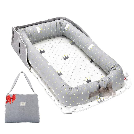 Baby Lounger for Newborns & Infants 0–24 Months, 100% Cotton Breathable Infant Support Cushion with Adjustable Size, Portable Baby Nest for Home and Travel, Baby Shower Gift(Crown Grey)