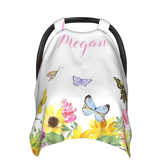 Personalized Baby Car Seat Canopy for Babies, Custom Name Car Seat Covers for Baby Girl, Sunflower Butterfly Opening Minky Nursing Breastfeeding Cover for Infant, Carseat Canopies for Newborn