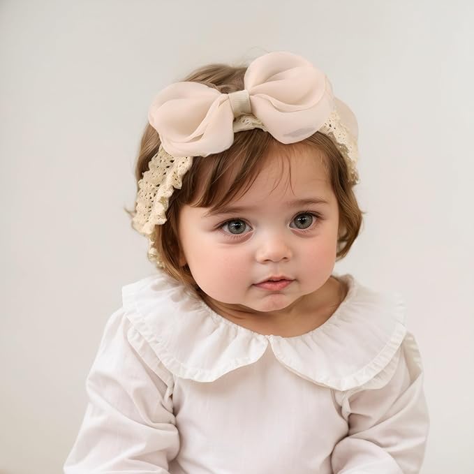 Cute Lace Bow Baby Girls Headbands Large Knot Hair Band Soft Chiffon Hairband Elastic Shower Hair Accessories for Newborn Infant Toddler Kids (Off White C, Elastic)