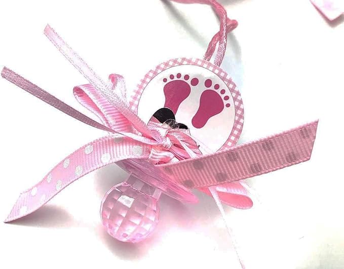 RBN 12 PCS Pacifier Blue Baby Foot Print ITS A Girl Necklaces Baby Shower Game Favors Prizes Girl Decor (Pink), 1 Count (Pack of 12)