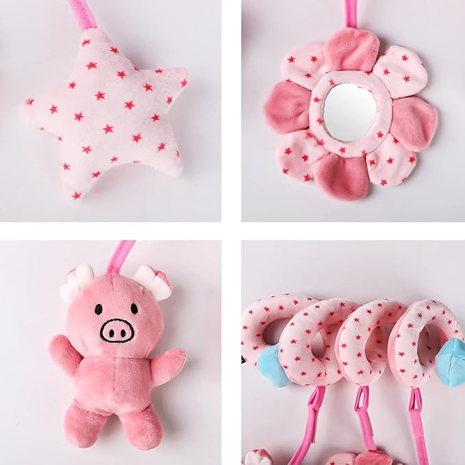 Baby Car Seat Toys, Infant Activity Spiral Plush Toys Hanging Stroller Toys for Baby Girl and Boy with Distorting Mirror (Pink Pig)