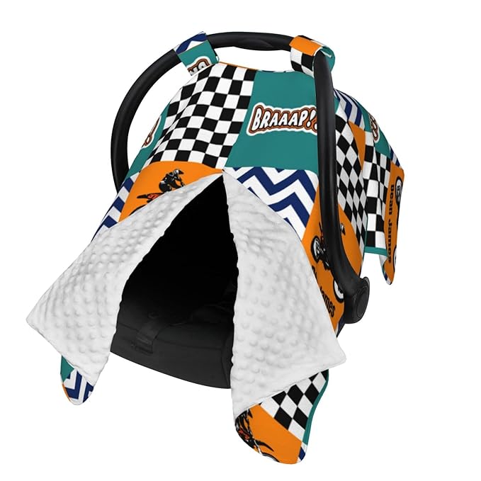 Personalized Baby Car Seat Canopy with Name – Custom Motocross Minky Nursing Cover for Boys, Soft Stroller Cover for Infants & Newborns, Carseat Canopy for Breastfeeding