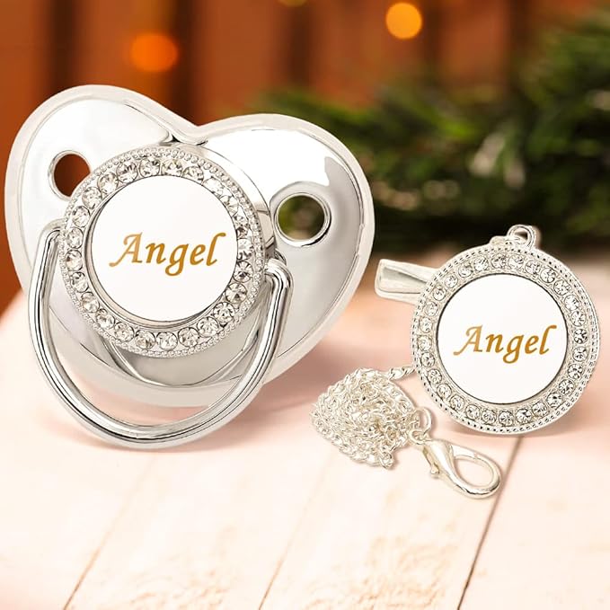 Personalized Pacifier and Pacifier Clip with Name,Bling Pacifier Clip Set with Multiple Patterns Glitter Crystal Luxurious Ideal Gift for Boy Girl Baby Shower Photography Newborns (Silver)