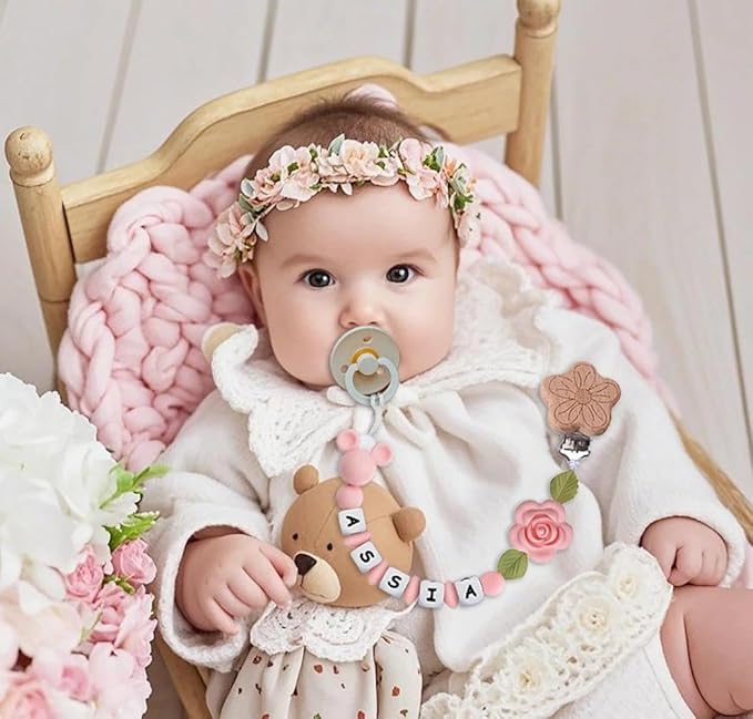 Personalized Baby Name Pacifier Clip Dummy Soother Pacifier Flower Clip Holder Strap Chain Gift (Flower 1)