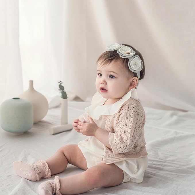 Baby Girls Flower Crown Headband Lace Handmade Floral Headbands Soft Elastic Band Daisy Hairband Newborn Infant Toddler Kids for Christening Baptism Birthday Party(White, Three Flower)