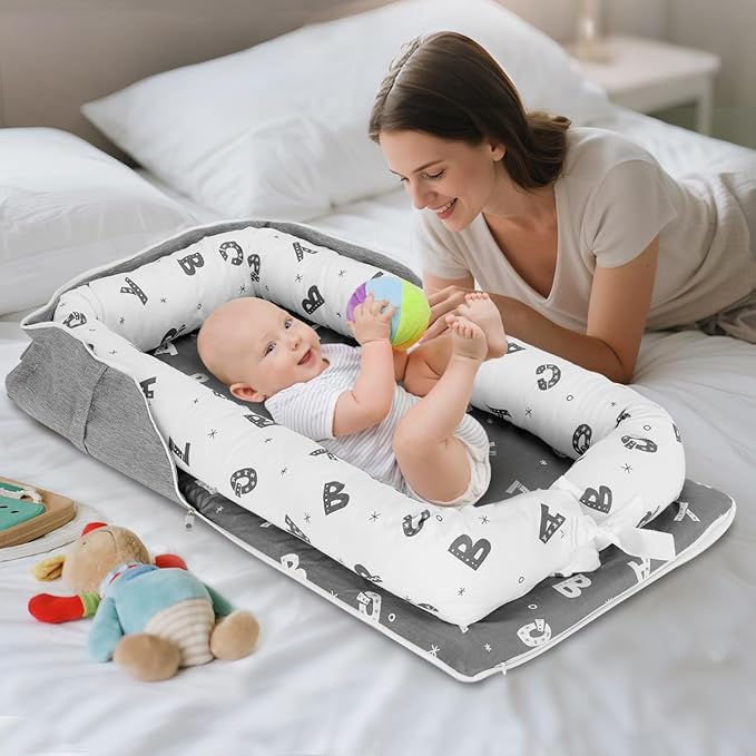 Baby Lounger 0-24 Months for Newborn to Toddler - Portable Baby Lounger for Travel with Cotton Infant Nest, Adjustable Safety Bumper & Baby Lounger Pillow - Letter Grey