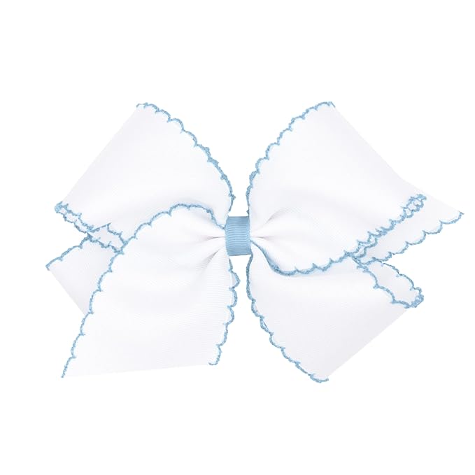 Wee Ones Girls' Classic Grosgrain Moonstitch Edge Hair Bow, No-Slip Hair Clip, Handmade, White with Millennium Blue, King