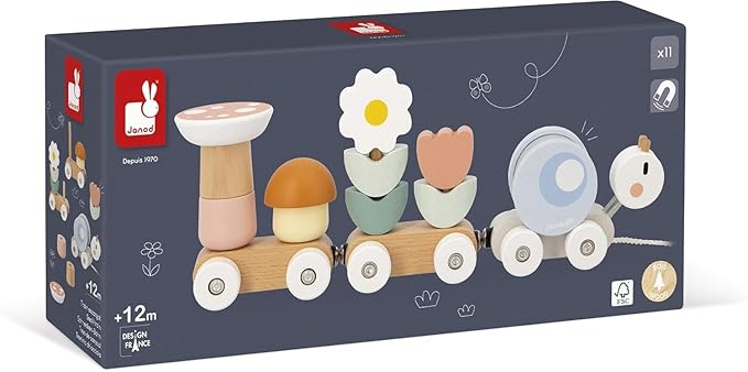 Janod Snail Train - 2 Wagons and 10 Pieces Including Removable Rattle - Pull Toy - Wood and Water Painting - Develop Fine Motor Skills - from 12 Months, J04010, Multi-Coloured