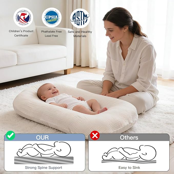 Infant Support Cushion - Baby Support Cushion for Newborn, 0-24 Months, Portable Tummy Time Mat for Home and Travel, Soft Cotton, Supervised Use, Baby Essentials Gift - White (Cover Included)