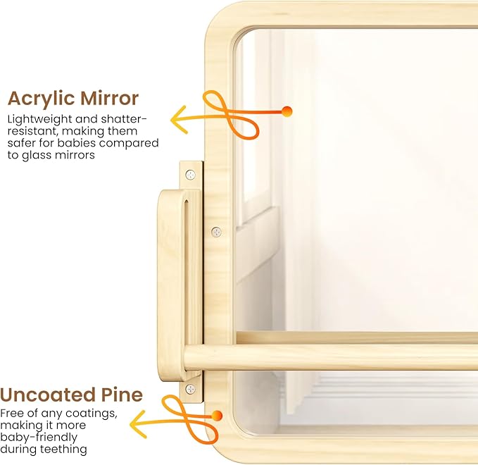 Woodtoe 3-in-1 Montessori Mirror with Bar, Adjustable Toddler Mirror & Pull Up Bar, Montessori Learning Toy for Baby 6-18 Months, Nursery Mirrors, Natural Wood Furniture for Daycare, Kids Classroom