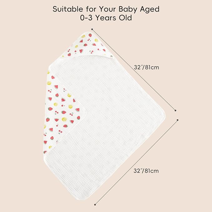 PHF 100% Muslin Cotton Baby Hooded Towels, 2 Pack Bath Towel with Hood for Newborn, Infant, Toddler, Ultra Soft and Absorbent Baby Bath Essentials, Shower Gifts for Girls, 32x32Inch, Fruits