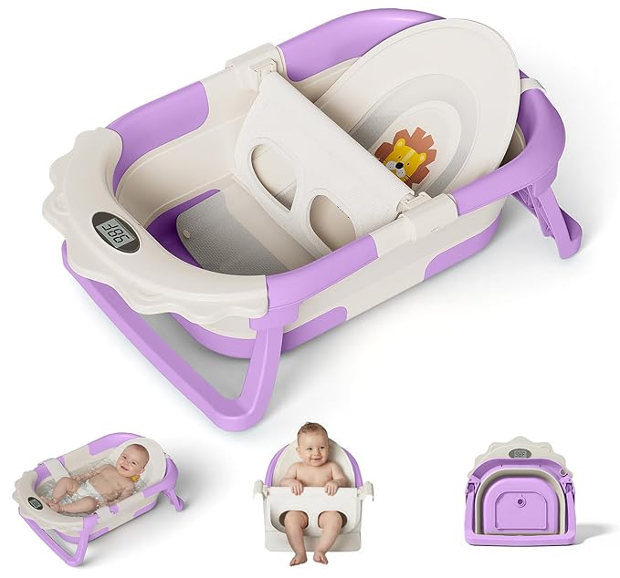 MoreFeel Foldable Baby Bathtub with Thermometer - 4-in-1 Grow-with-Me Collapsible Infant Tub (Newborn to Toddler) with Adjustable Mesh Sling - Space Saving Design
