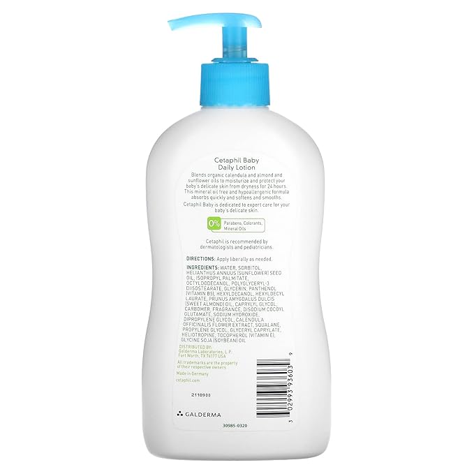 Cetaphil Baby Daily Lotion with Organic Calendula |Vitamin E | Sweet Almond & Sunflower Oils |13.5 Fl. Oz (Pack of 2)