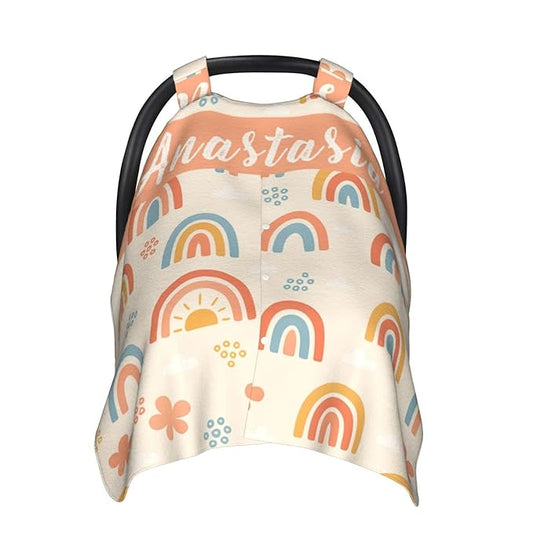 Personalized Rainbow Baby Car Seat Canopy with Name – Custom Nursing Cover, Stroller Seat Cover, Breastfeeding Privacy Blanket, Soft Breathable Infant Cover for Newborn Boy Girl Gift