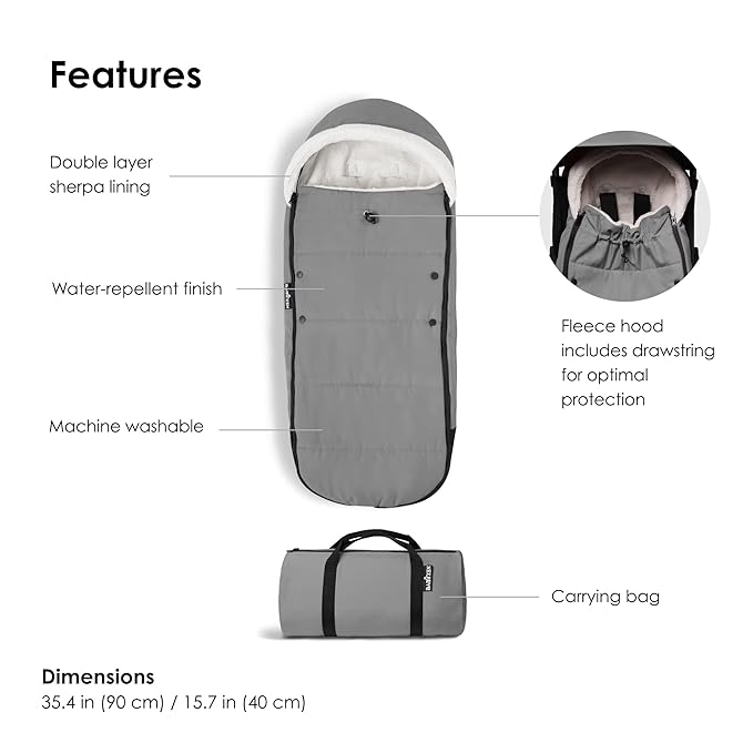 BABYZEN YOYO Footmuff, Grey - Sherpa Lining & Fleece Hood with Drawstring to Keep Baby Warm - Includes Carrying Bag - Machine Washable
