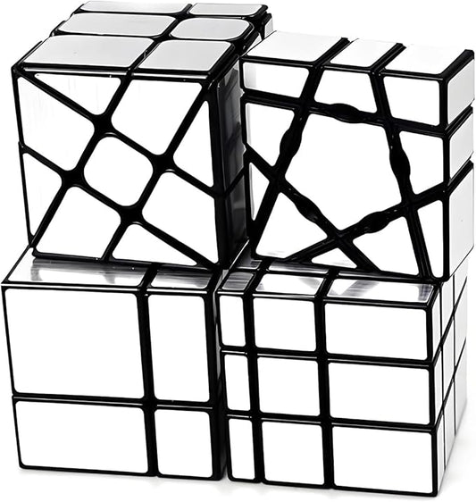 AI-YUN Mirror Cube Set, Speed Cube Set of 4 Pack, 1x3x3 Ghost Cube, 2x2 3x3 Mirror Blocks, 3x3 Windmill Cube, Brain Teasers, Puzzle Toys, Silver