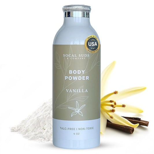 SoCal Suds & Company - Natural Body Powder Talc-Free - with Arrowroot Powder, Kaolin, Aspen Bark Extract for Soft Soothing Delicate Skin - Vanilla 4oz, 1-Pack