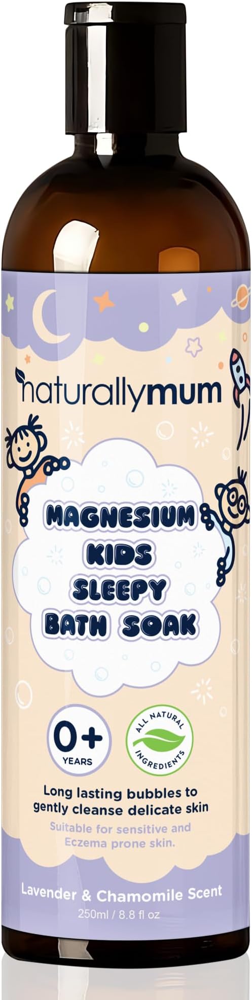 NaturallyMum Kids Magnesium Sleepy Bath Soak - Bubble Bath - All-Natural & Calming - Suitable for Newborns with Dry & Sensitive Skin - Lavender & Chamomile Essential Oils – Made in UK - 8.8fl oz