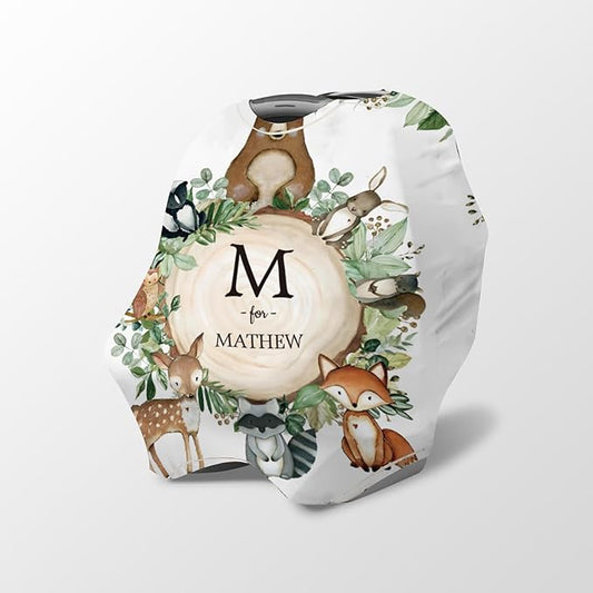 Personalized Baby Car Seat Cover Stroller Canopy: Custom Name Newborn Baby Boy Girl Elastic Woodland Animals Nursing Cover for Moms First Birthday Gift Bear(one Size)